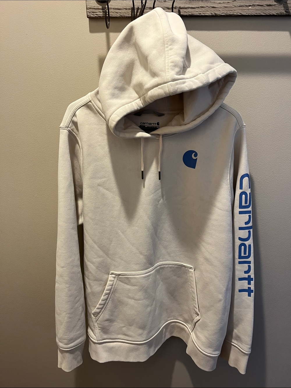 Carhartt Men's Cream Hoodie with Blue Logo and Sleeve Script